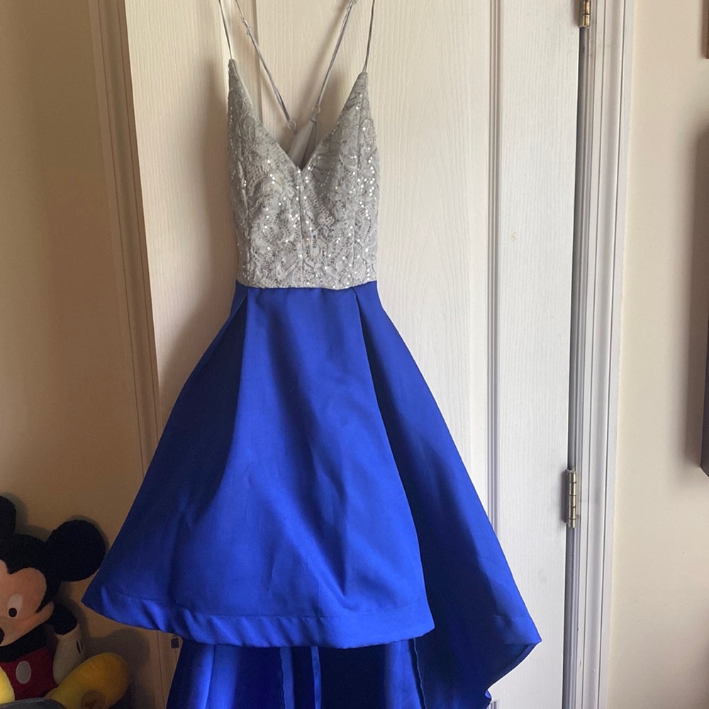 Blue and silver high low formal dress